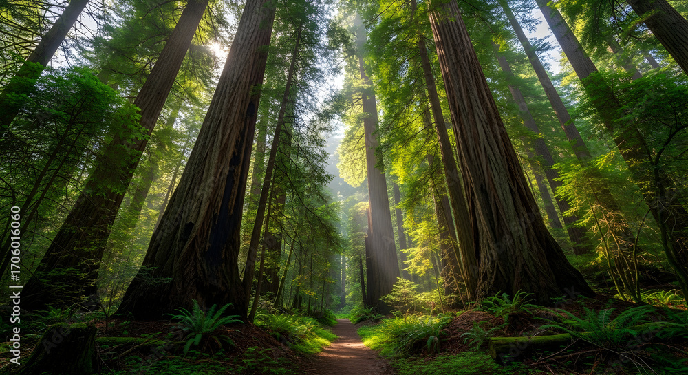 Obraz premium Redwood forest trees nature scene sunlight path way Lush green forest Redwood national park California Tall trees sunlight beams through canopy