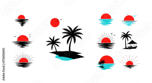 Minimalist tropical sunset and sunrise vector designs featuring red sun, palm tree silhouettes, ocean reflections, and island views.