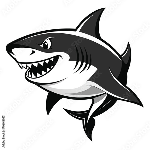 Striking black and white shark illustration with bold lines and dynamic pose