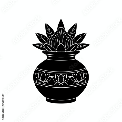 Vector art of auspicious kalash with coconut and leaves, a symbol of prosperity and good fortune in hindu traditions and rituals