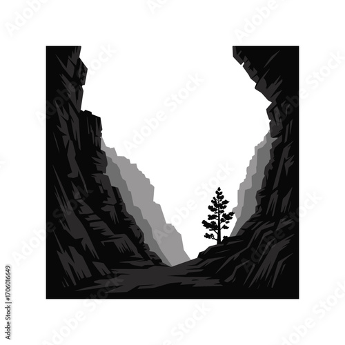 Canyon Silhouette Illustration with Tree in Valley Landscape Vector Graphic Design