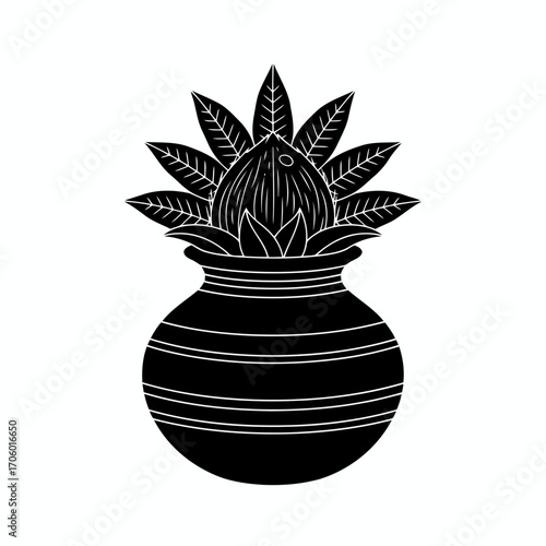 Vector art of black and white drawing of a traditional kalash with coconut and leaves, a significant hindu cultural symbol