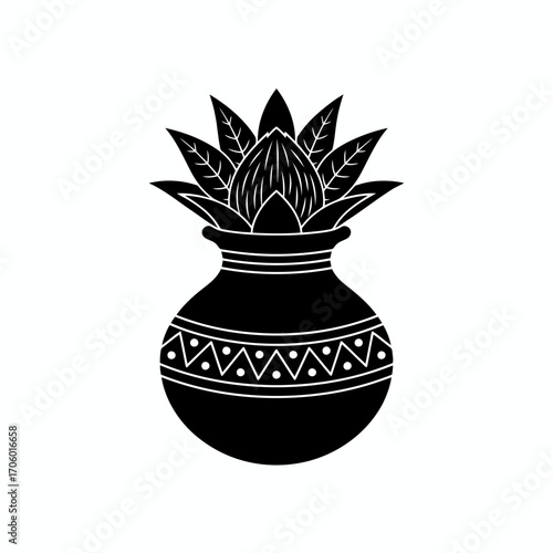 Vector art of traditional kalash with coconut and leaves, a sacred symbol in hindu culture representing abundance and divine presence