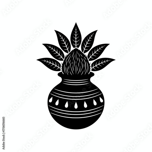 Vector art of elegant kalash with coconut and leaves, a significant emblem in hindu rituals symbolizing new beginnings and prosperity