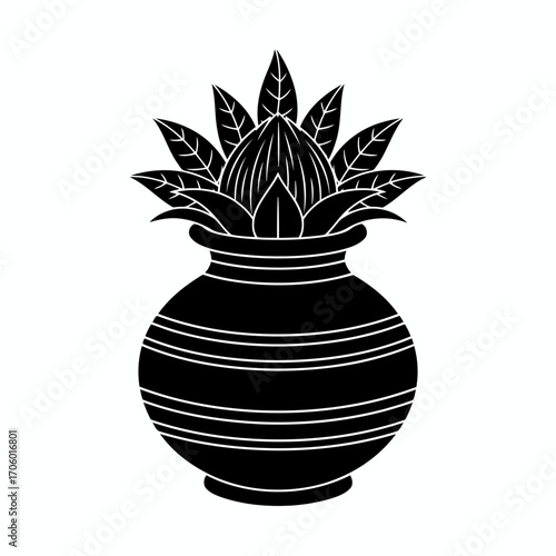 Vector art of sacred kalash with coconut and leaves, a traditional symbol of abundance and divine presence in hindu rituals