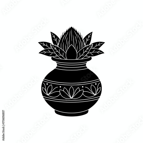 Vector art of elegant kalash with coconut and leaves, a symbol of prosperity and auspiciousness in hindu traditions, vector art
