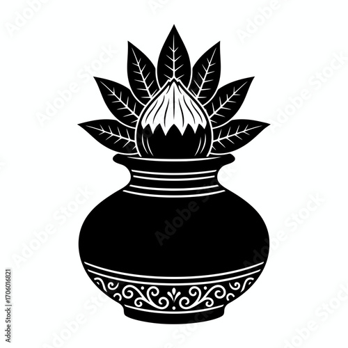 Vector art of traditional kalash with coconut and leaves, a sacred symbol in hindu culture, representing abundance and new beginnings, vector