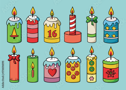 Vector art of assortment of whimsical handdrawn birthday candles featuring unique patterns and cheerful expressions for festive occasions