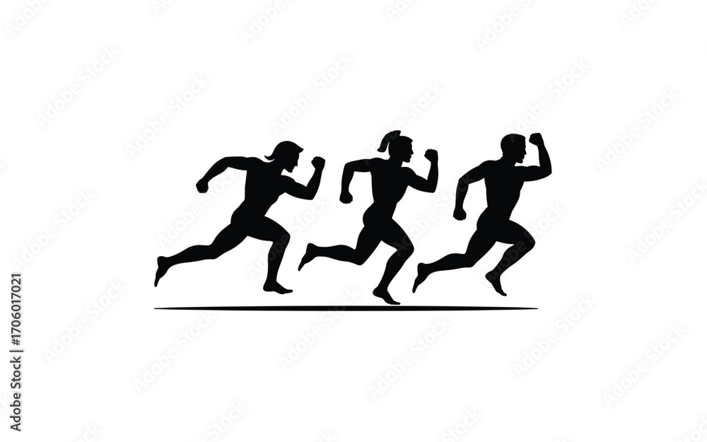 Fototapeta premium Black Silhouette Illustration of Three Runners Competing in a Race, Illustrating Speed, Stamina, and Physical Excellence in Sports and Athletics in Minimalist Design
