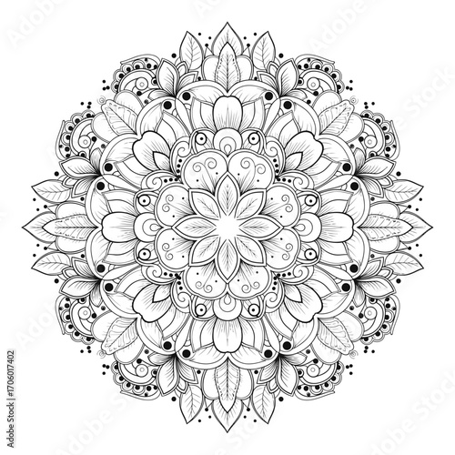 Vector art of elaborate mandala design, featuring delicate flower and leaf arrangements, creating a serene and harmonious visual experience