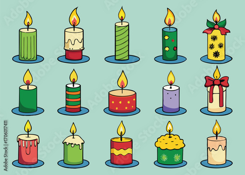 Vector art of variety of decorated cartoon candles with flames, isolated on teal background
