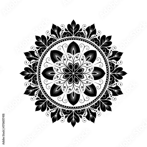 Vector art of detailed mandala design, showcasing bold floral motifs and intricate leaf patterns, forming a captivating and visually appealing artwork