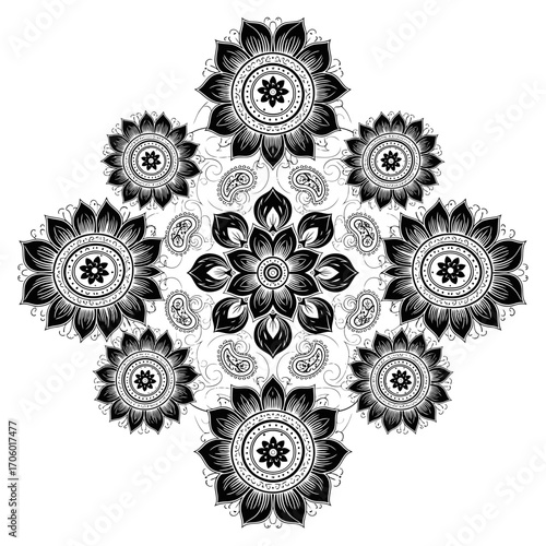 Vector art of detailed monochrome mandala illustration, featuring intricate floral and paisley patterns in a symmetrical arrangement