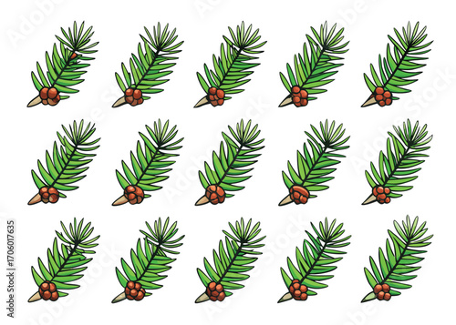 Vector art of pattern of realistic pine sprigs with pinecones, isolated on a
