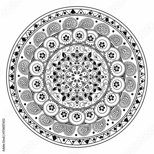 Vector art of intricate mandala design, showcasing a blend of paisley, floral, and geometric motifs for creative coloring and artistic expression