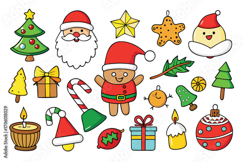 Vector art of handdrawn cartoon christmas elements featuring santa claus, gingerbread man, snowman, christmas tree, gift box, candy cane, candle, and ornament