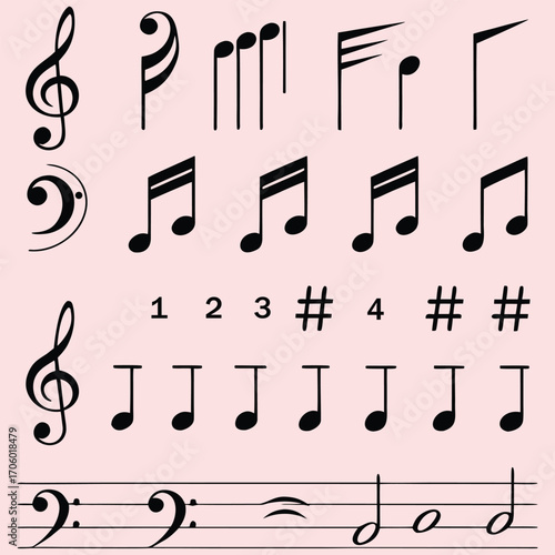 Vector Music Notes and Symbols Set – Treble Clef, Bass Clef, Sharps, Rests, and Rhythmic Notations. Ideal for Music Education, Design, and Sheet Art. Clean, Scalable, and Editable Design.
