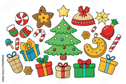 Vector art of a collection of cute cartoon christmas elements including a tree, gifts, stockings, candy canes, and gingerbread cookies