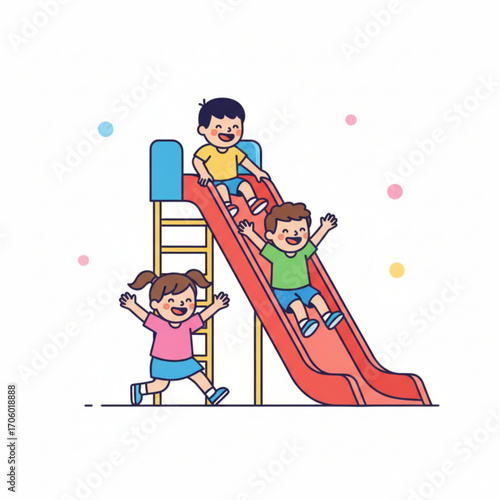 Three happy kids are playing on a slide, smiling and having fun together.
