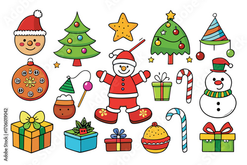 Vector art of whimsical christmas characters and objects including santa face, snowman, gingerbread cookie, fir tree, and gift box