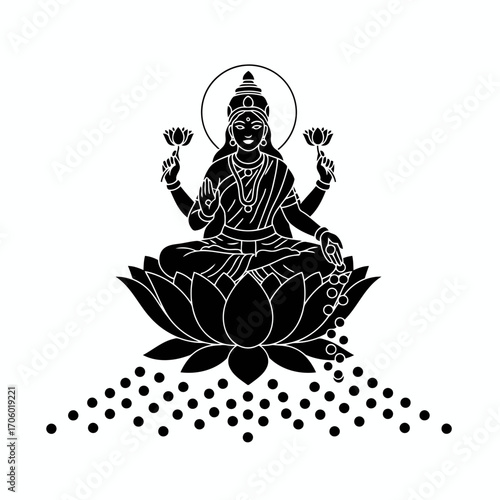 Illustration of goddess lakshmi sitting on lotus flower, symbol of wealth, fortune, power, luxury, beauty and prosperity
