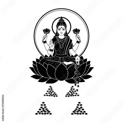 Illustration of goddess lakshmi sitting on lotus flower, symbol of wealth, fortune, power, luxury, beauty and prosperity