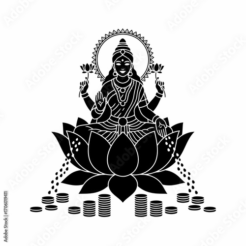 Illustration of goddess lakshmi sitting on a lotus flower and showering coins, a symbol of wealth and prosperity