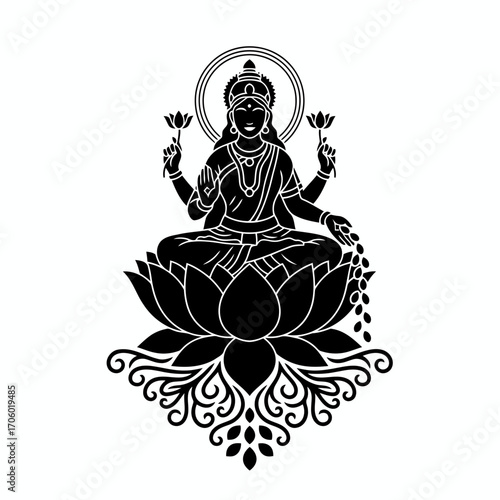 Illustration of goddess lakshmi sitting on a lotus flower and showering coins, a symbol of prosperity and fortune