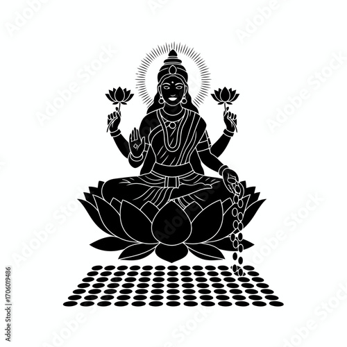 Illustration of goddess lakshmi sitting on a lotus flower with coins, symbol of wealth, fortune, love and prosperity