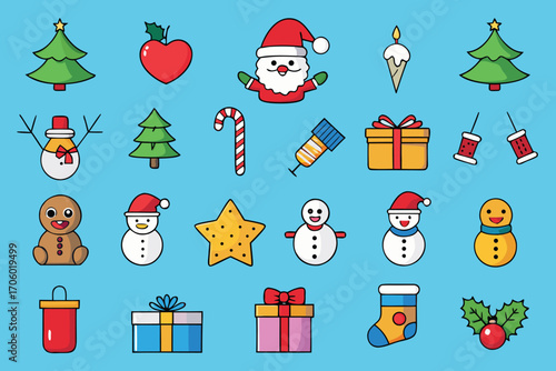 Vector art of a cheerful array of christmas icons including santa, snowmen, gifts, and festive decorations on a light blue background