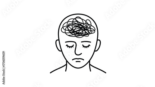 Tangled Mind: A Minimalist Illustration Representing Mental Health Struggles, Confusion, and Anxiety with Overthinking, Stress, and Difficulties Concentrating, Showing Inner Turmoil