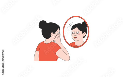 Woman Examining Skin in Mirror: Self-Care, Skincare Routine and Concern about Acne, Redness and other Skin Imperfections, in a Clean Aesthetic Art Style