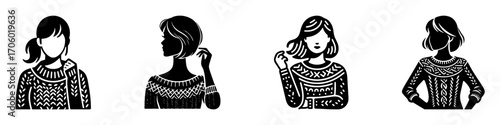 Modern Minimalist Woman Half Body Wearing Wool Sweater Icon, Flat Silhouette of a Female Character Vector for Fashion and Lifestyle Illustration Design