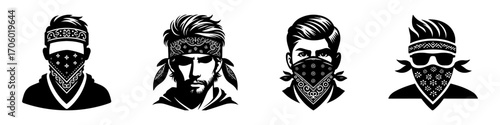 Modern Minimalist Man Wearing Bandana mask Icon, Flat Silhouette of a Casual Figure Vector for Streetwear Illustration Design