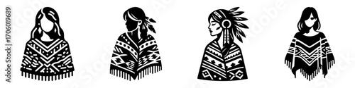 Modern Minimalist Woman Wearing Poncho Icon, Flat Silhouette of a Casual Figure Vector for Fashion Illustration Design
