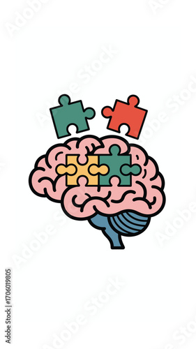 Brain Puzzle Concept: Solving Problems, Connecting Ideas, and Enhancing Mental Health with Colorful Jigsaw Pieces Representing Knowledge and Creativity.