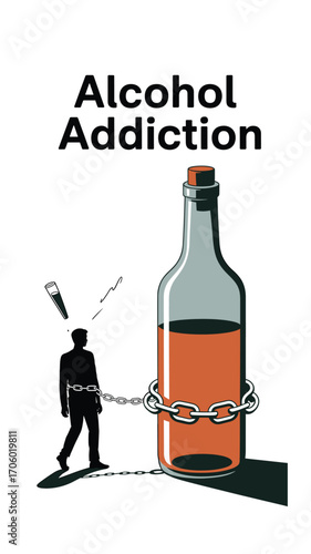Alcohol Addiction: Chains of Dependency - Illustration depicting a man bound to a bottle, representing the struggle against alcohol dependency and the need for support