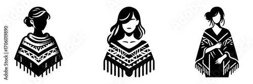 Modern Minimalist Woman Half Body Wearing Poncho Icon, Flat Silhouette of a Female Character Vector for Fashion and Lifestyle Illustration Design