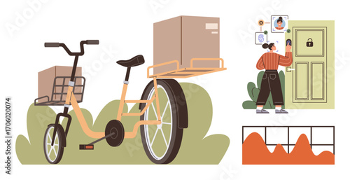 Cargo bike with delivery boxes, woman using smart lock for secure entry, and analytics charts showcasing performance data. Ideal for logistics, eco-delivery, security, technology, data, business
