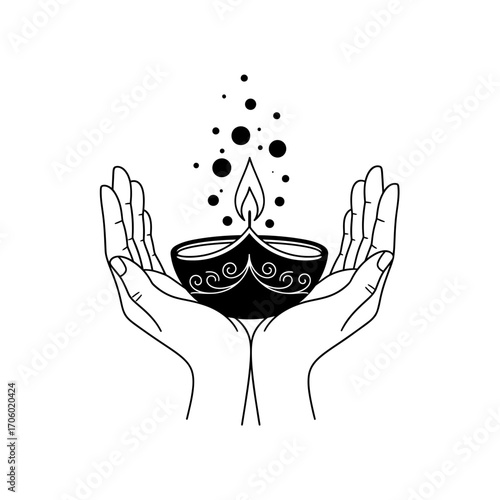 Vector art of gentle hands offering a glowing diya lamp with sparkling light, representing peace and prosperity in life
