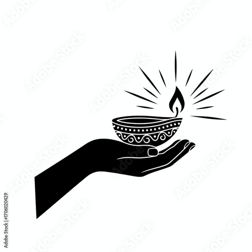 Vector art of hand holding a diya, a traditional oil lamp used in india, symbol of hope, light, and prosperity