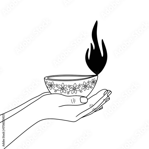 Vector art of hand holding a diya, a traditional oil lamp used in india, symbol of hope, light, and prosperity