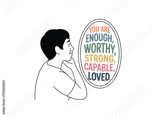 Affirmations in Mirror: Positive Self-Talk Illustration of a Person Seeing Their Reflection with Words of Encouragement Like "Enough, Worthy, Loved"