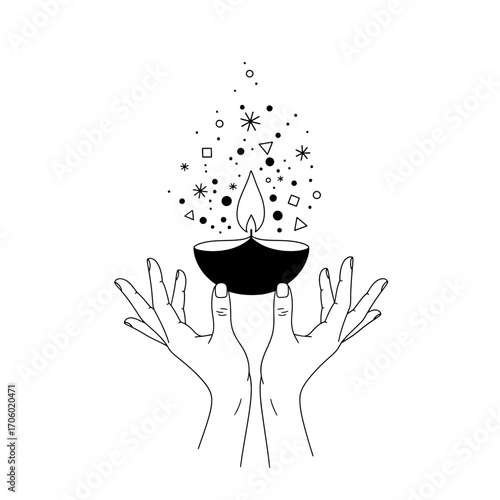 Vector art of hand holding a diya, a traditional oil lamp used in india, symbol of hope, light, and prosperity