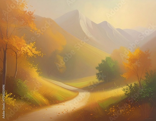Autumnal mountain road. Soft, golden hues paint a winding path through a valley, with vibrant fall foliage and misty mountains in the background