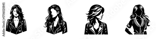 Modern Minimalist Woman Half Body Wearing Leather Jacket Icon, Flat Silhouette of a Female Character Vector for Fashion and Lifestyle Illustration Design