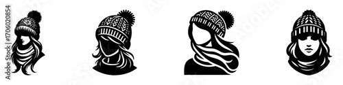 Modern Minimalist Woman Wearing Wool Cap Icon, Flat Silhouette of a Female Character Vector for Winter Fashion Illustration Design