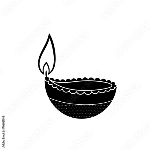 Vector art of diwali lamp icon traditional indian oil lamp with flame deepavali celebration symbol in black and white