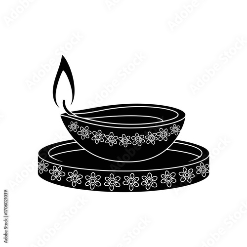 Vector art of diwali lamp icon traditional indian oil lamp with flame on plate deepavali celebration symbol in black and white