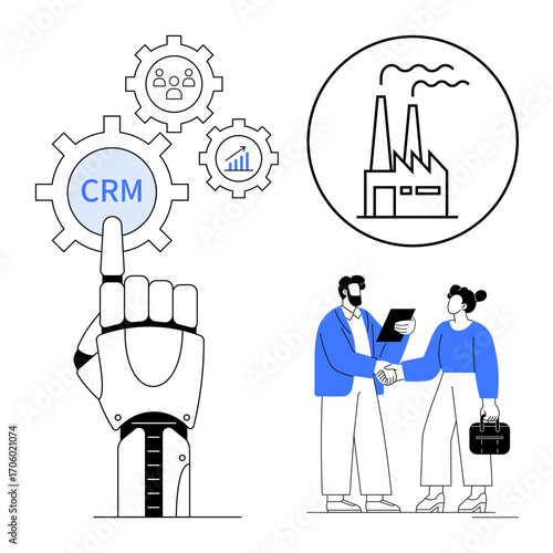 Robotic hand interacting with CRM, connecting analytics, teamwork, and industrial processes. Professionals handshake symbolizing collaboration and teamwork. Ideal for innovation, tech, CRM, AI
